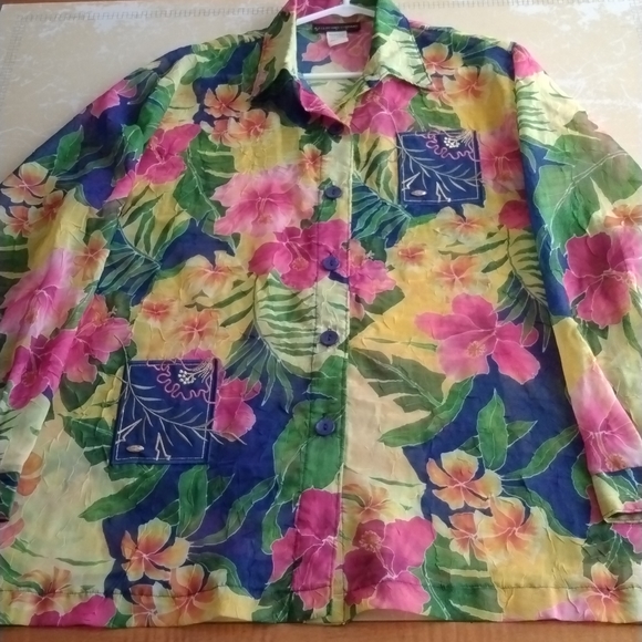 AJ Clothing Co Miami Tops - AJ Clothing Co. Miami Sheer Floral Shirt/Bathing Suit Cover Sz.XL Vintage